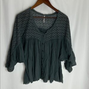 Free People Charcoal Lace Button-Up Blouse